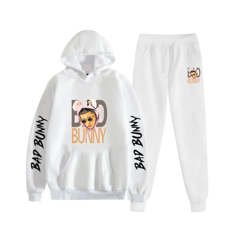 Harajuku Comfortable bad bunny Print Sweatshirt Sweatpants Suit Women's Hoodies+ Trousers Suit Boys/Girls 2 Piece Set Clothes — image 27