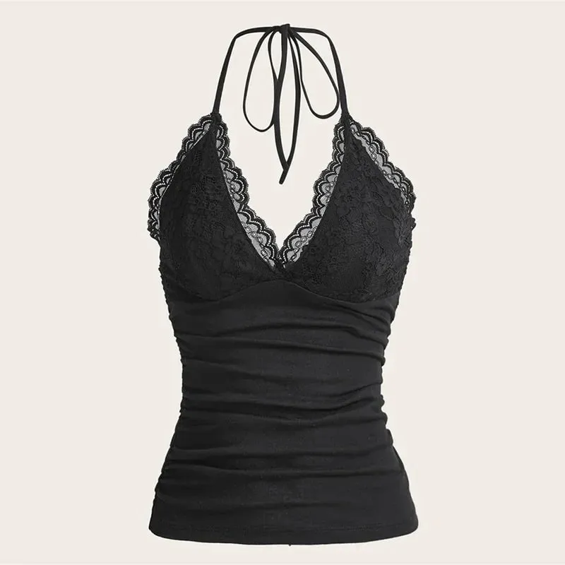 Goth Grunge Punk Zwart Kant Patchwork Halter Top Vrouwen Zomer Effen Ruches Backless Mouwloze Tank Top Streetwear Y2K Kleding