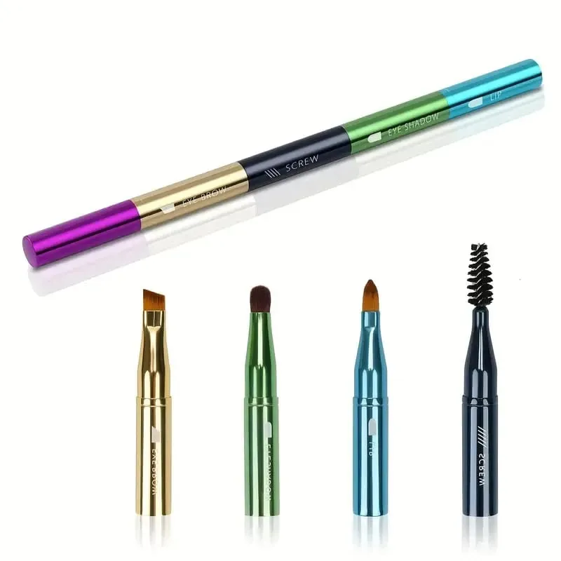 Abnehmbares 4-in-1-Make-up-Pinsel-Set, weiche Borsten und Schwammapplikator für Lippen und Lidschatten, tragbar, mit ABS-Griff