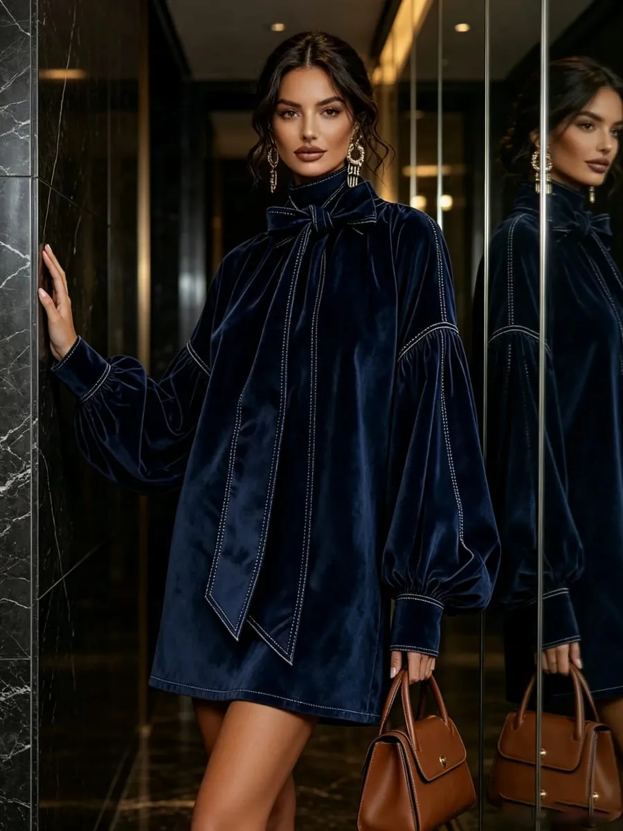 Américain rétro col haut lanterne manches longues nœud papillon élégant velours femmes Mini robes décontracté automne haute robe de rue — image 5