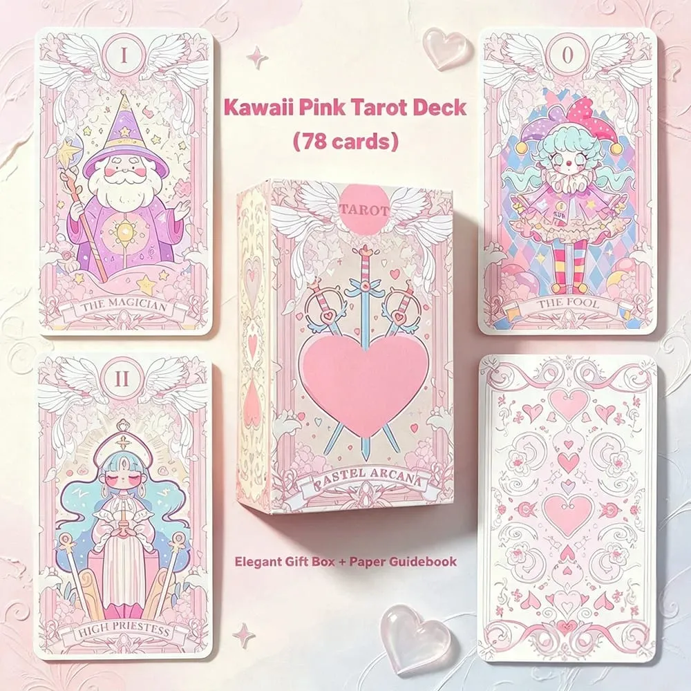 Mazzo di tarocchi rosa di grandi dimensioni da 78 pezzi Kawaii con guida - Illustrazione anime carina per il gioco da tavolo di divinazione del destino — image 1