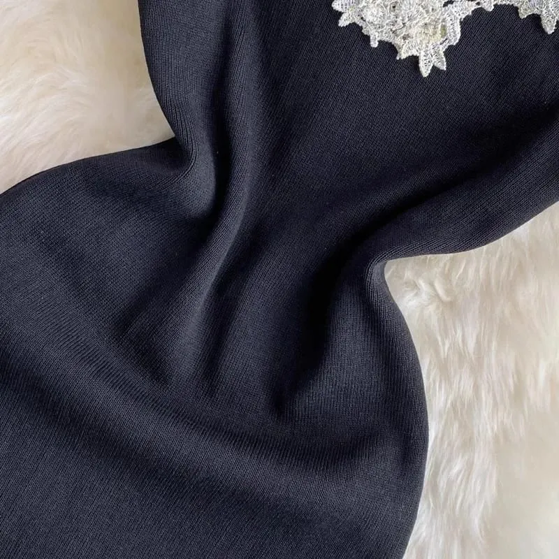 2024 Sexy Backless Spitze Patchwork Gestrickte Split Sommer Kleid Frauen Schwarz Mini Party Kleid Bodycon Mantel nacht Club Outfits