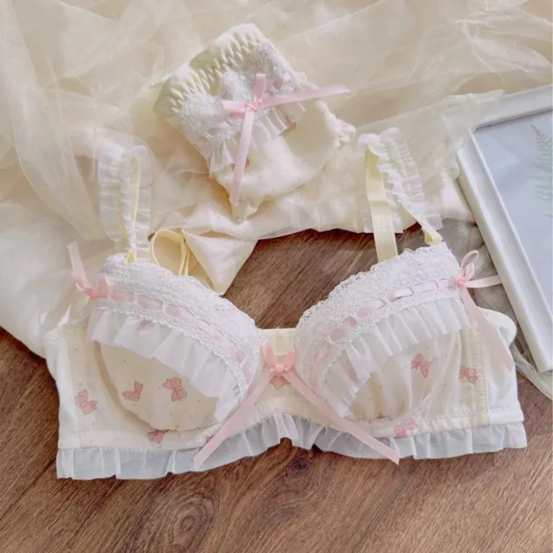 Nippon's Pure Desire Set di reggiseno a coppa sottile stile principessa carino Stampa reggiseno con fiocco carino Biancheria intima di pizzo confortevole Biancheria intima gotica