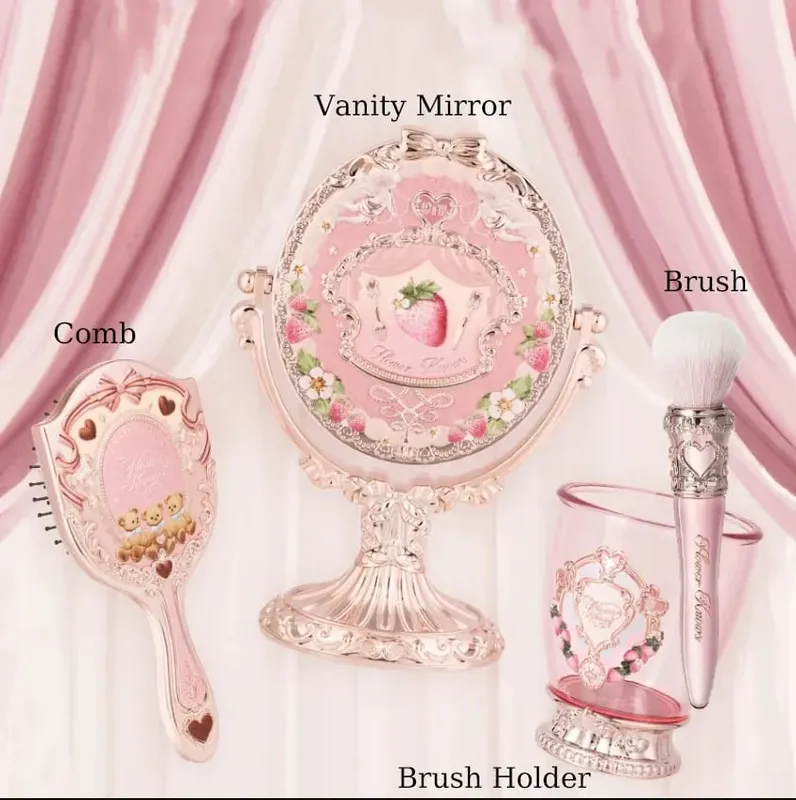 Flower Knows 9th Anniversary Set da 4 pezzi per trucco Specchio cosmetico da tavolo Spazzola paddle Cuscino d'aria Pettine Portaspazzole Pennello per fard
