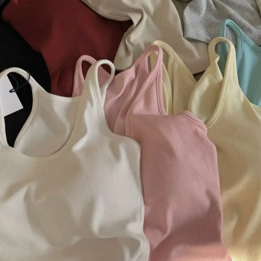 Gaya Korea dengan Tali Alas Dada Vest U-Neck Warna Pejal Tanpa Belakang Tanpa Lengan Atasan Pelangsingan Camis Wanita Musim Panas — image 3