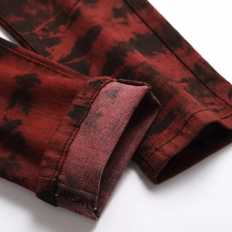 Men Tie and Dye Stretch Denim Jeans Brick Red Slim Straight Pants Streetwear Trousers — image 5