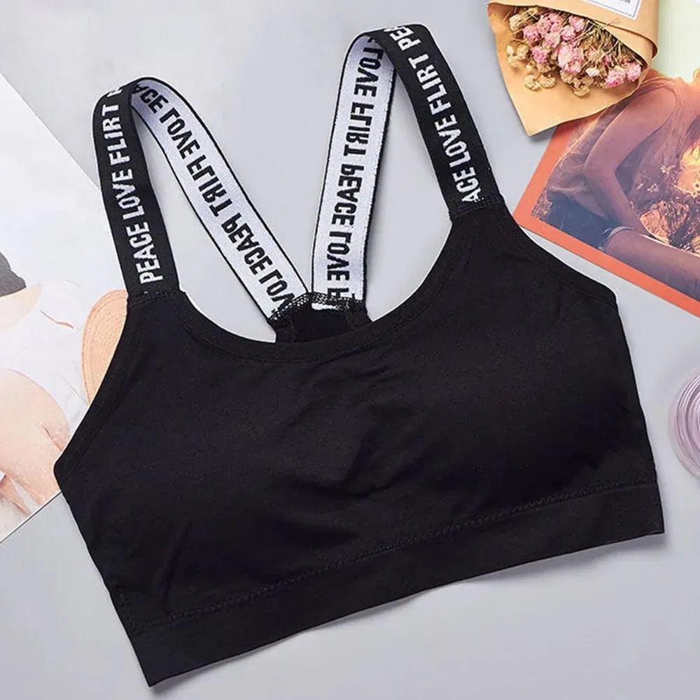 Pakaian Aktif Senaman Selesa Tanpa Pakaian Dalam Sukan Underwire Wanita Yoga Fitness Seamless Crop Top Wide Letter — image 11