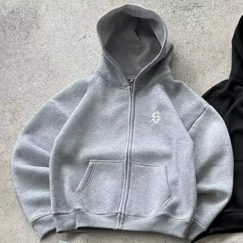 Y2k High Street Zip Embroidery Pattern Men's Hoodies Oversized Loose Sweatshirts Pullover Women Hip Hop Zip Hoodie Vintage Pants — image 3