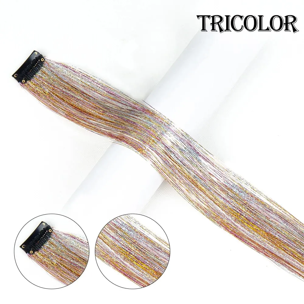 Punti salienti della festa color arcobaleno dritto Clip nelle estensioni dei capelli Pezzo di capelli scintillante Posticci sintetici Rosso scintillante — image 18