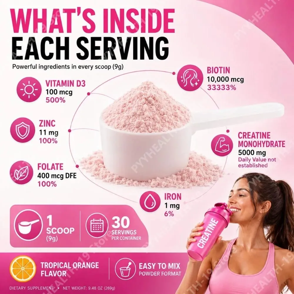 Creatina monoidrato da donna in polvere 5000 mg Collagene BCAA L-Glutammina Per l'energia muscolare e il supporto della bellezza Formula per adulti 269 g — image 7