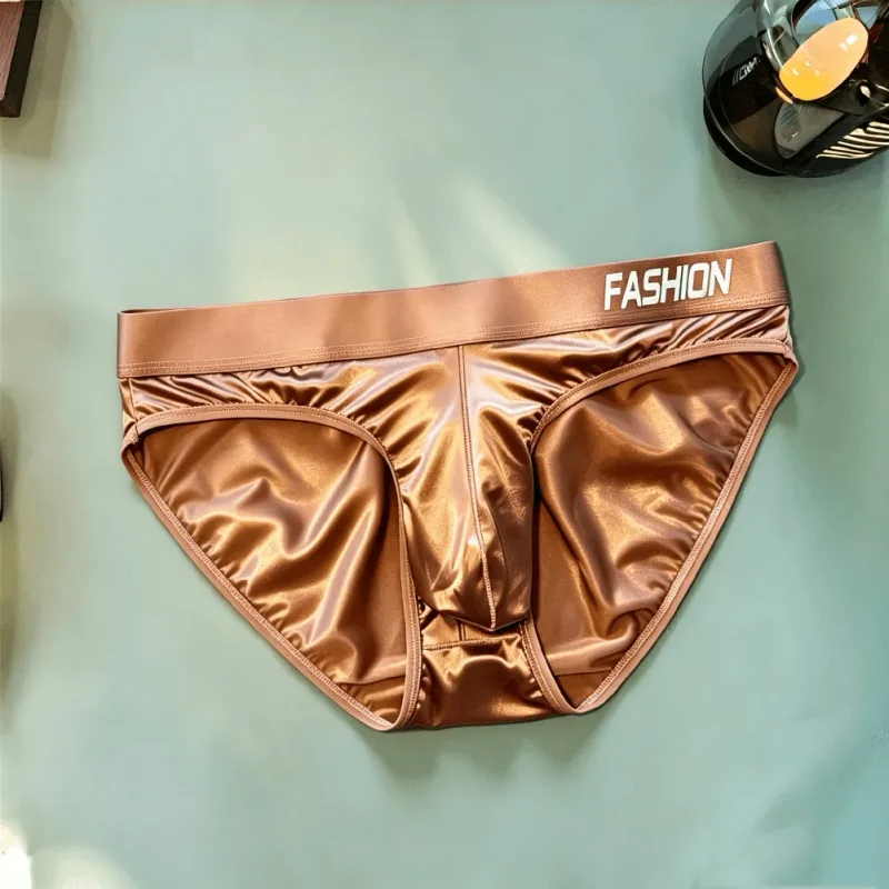 Men Glossy Satin-like Smooth Brief Ice-Silk Hip Wrap LargePouch Satin Silky Briefs Low Waist Gradient Letter Glossy Underwear — image 8