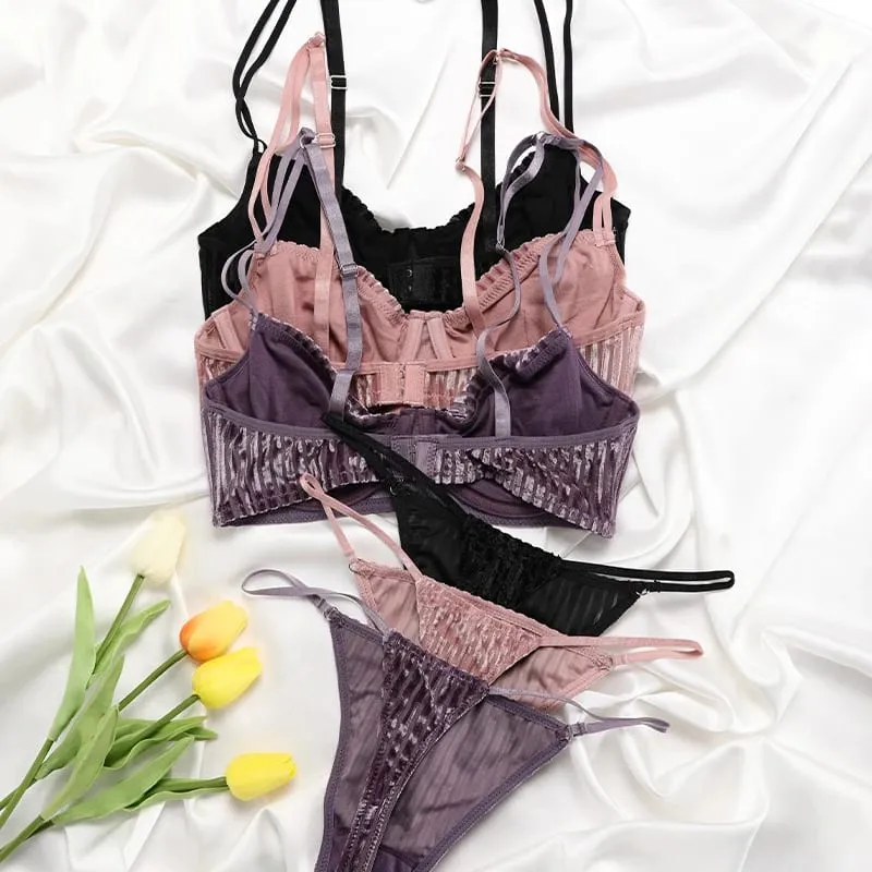 Vendita calda a forma di V con ferretto a costine reggiseno e slip da donna Set poliammide set di biancheria intima da donna reggiseno push-up e perizoma — image 2