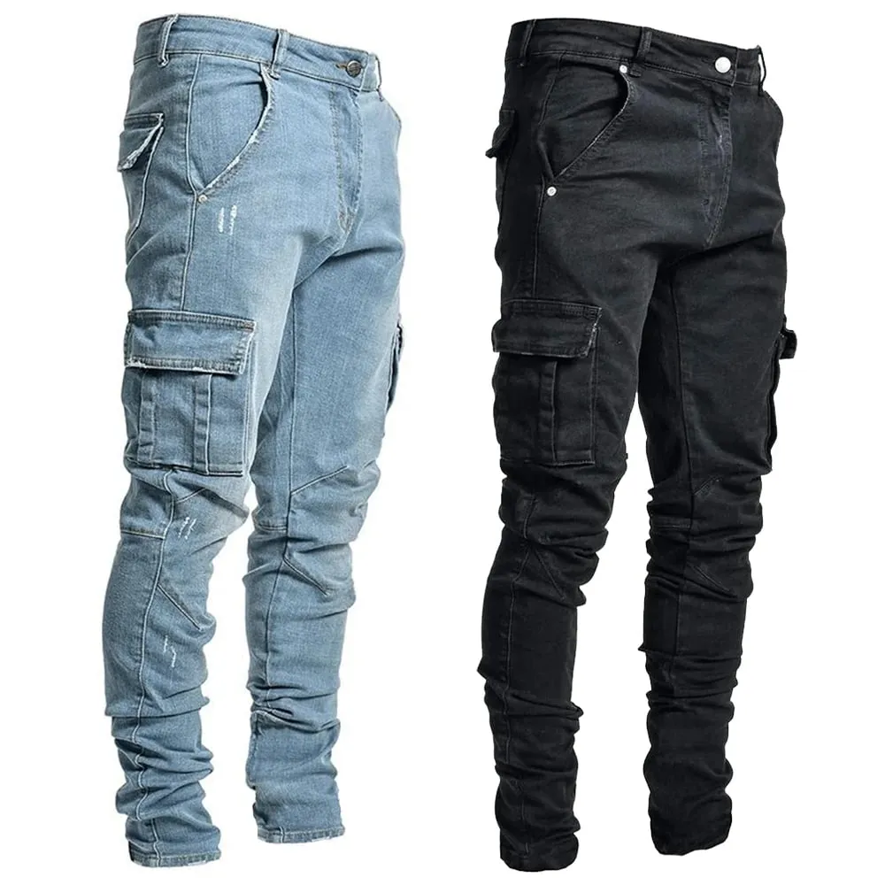 Jean élastique de rue pour hommes, pantalon Cargo en Denim, couleur unie, multi-poches, décontracté, taille moyenne, coupe cintrée, tenue quotidienne, jogging — image 2