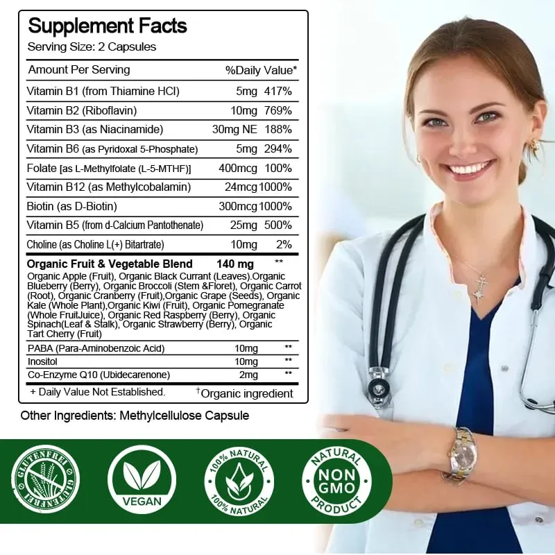 Vitamines du complexe B pour le système nerveux et l'énergie – Soutient l'immunité, la santé cardiaque, les cheveux, la peau et les ongles. — image 3