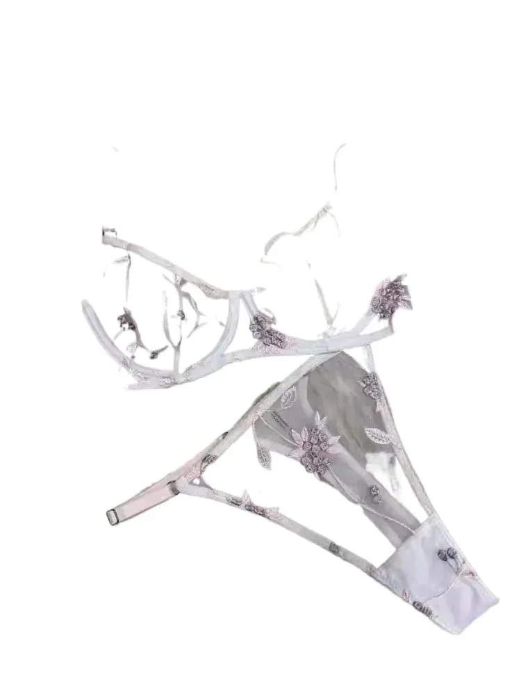 Ensemble de lingerie à armatures de soutien soutien-gorge et slip en maille transparente dentelle brodée sexy ultra fine demi-tasse anti-affaissement cadeau de date pour elle — image 4
