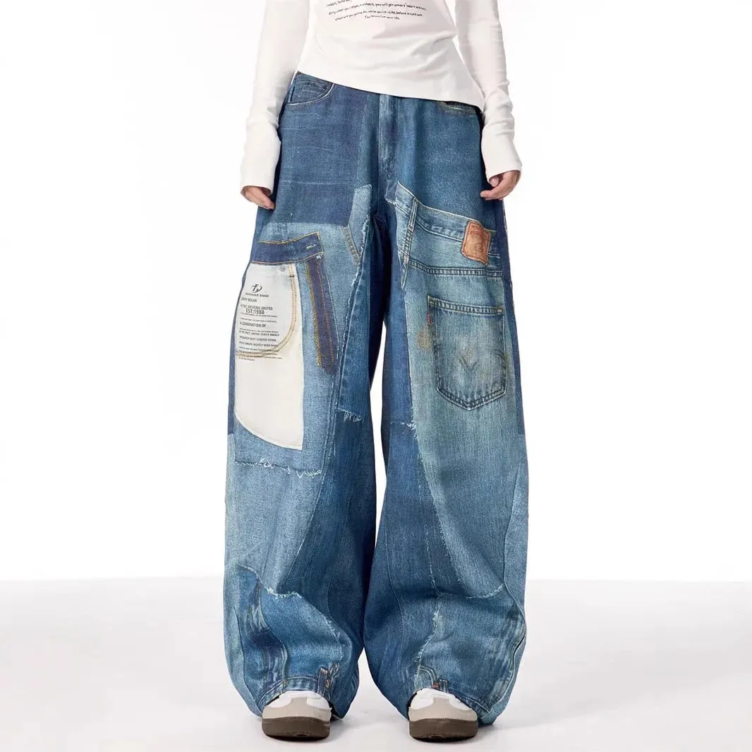 2025 American High Street Retro Design Patch Splicing Printed Jeans Men's and Women's Loose Straight Wide-leg Trousers