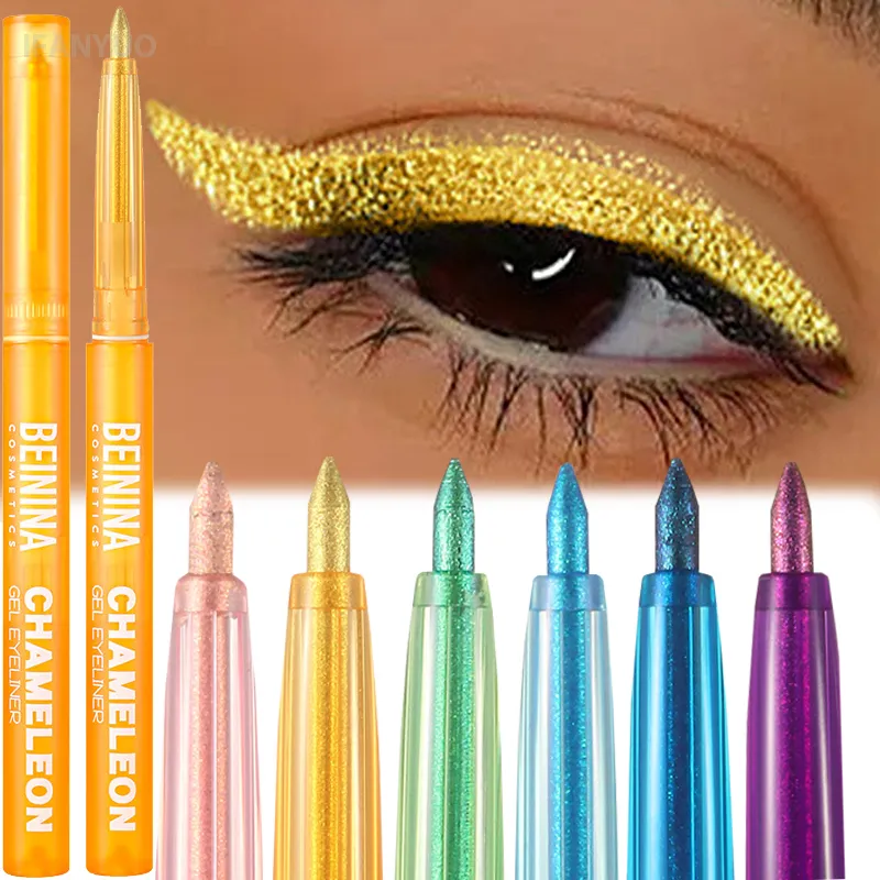 Pena Gel Eyeliner Kuning Metalik Bunglon Berkilau Eyeshadow Multiwarna Eye Liner Mutiara Terpolarisasi Glitter Pigmen Mata Makeup — image 2
