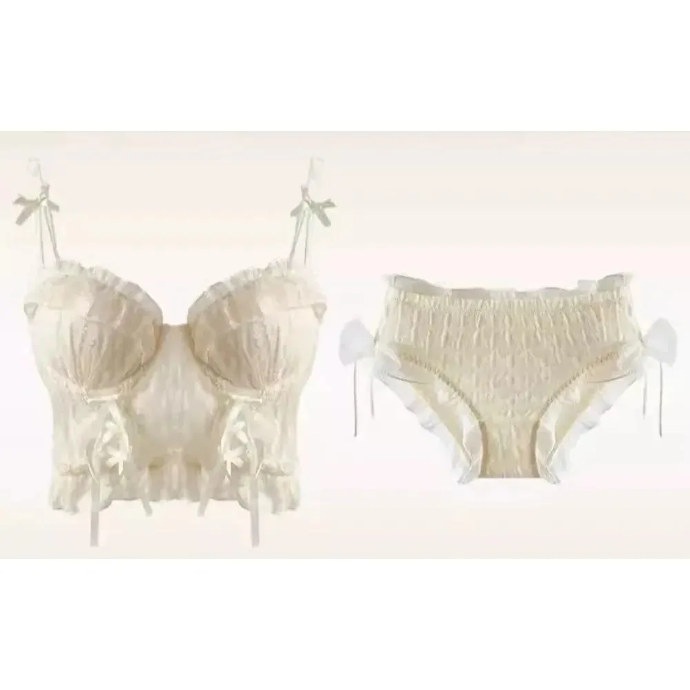 Tatlı Dantel Push Up Sütyen Seti Bayan Küçük Büstü Fırfır Örgü Çapraz Bandaj Strappy Seksi Saf Desi Lingerie İç — image 5