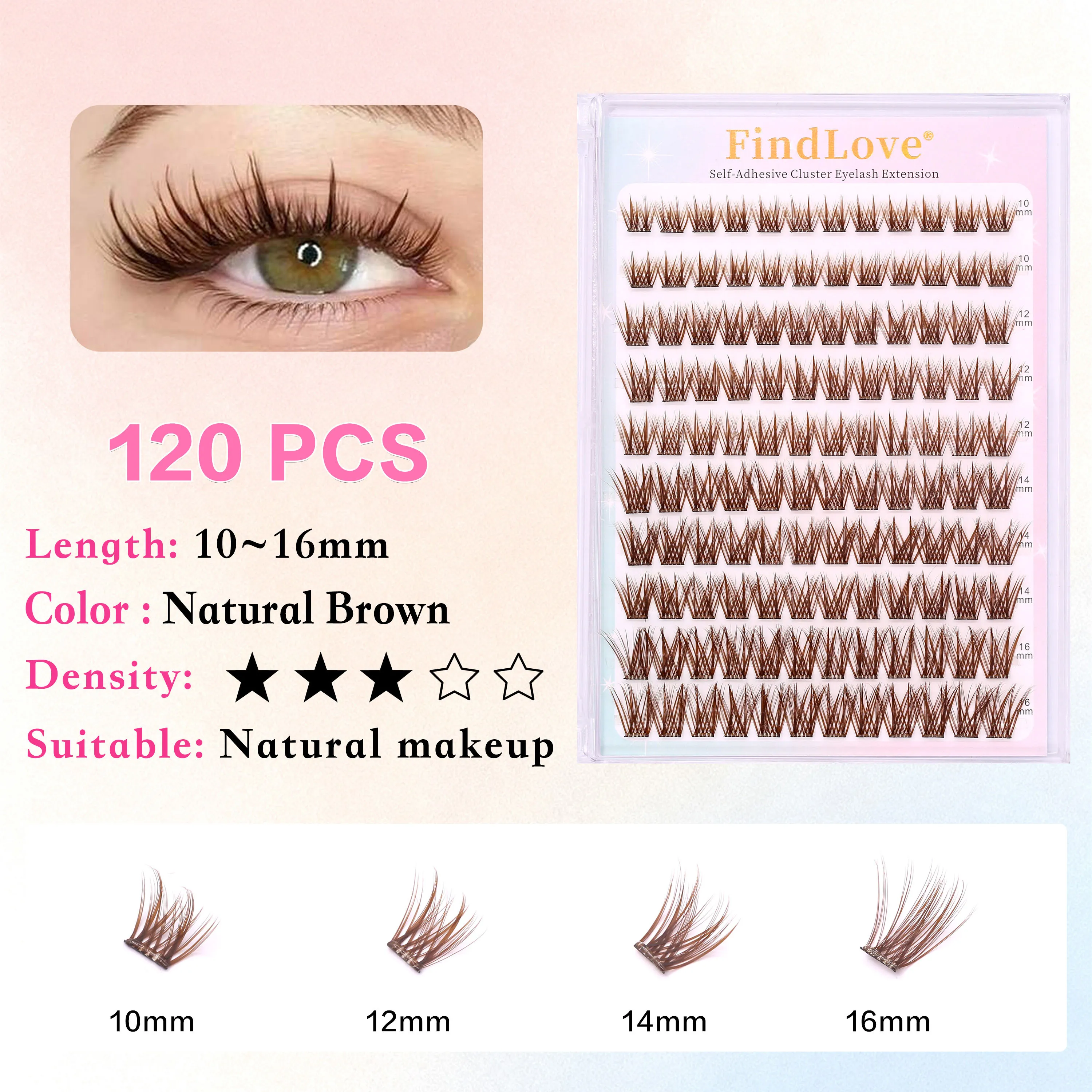 Braune Farbe, beliebte, hochwertige, selbstklebende Wimpernverlängerung, 3–4-fach, wiederverwendbar, handgefertigt, großes Fassungsvermögen, vergrößertes Doppelauge — image 7