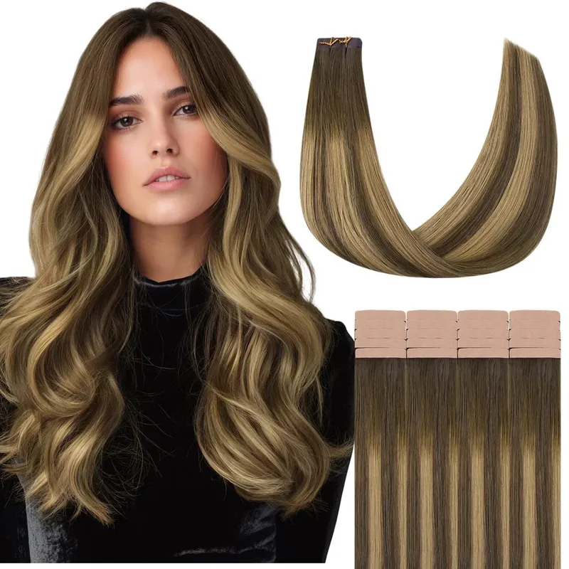Sunmofavo Tape I Remy Human Hair Extensions Tyk Silkeagtig Lige Naturlig Brun Usynlig Tape 20 Stk Salon Grade Til Kvinder — image 12