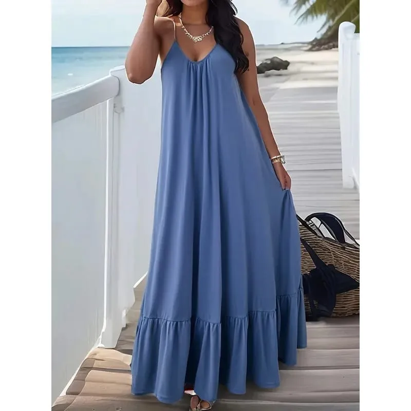 Robes d'été 2026 nouvelle couleur unie Spaghetti sangle Maxi robe femmes col en V pour plage fête Resort tenue quotidienne assortie — image 2