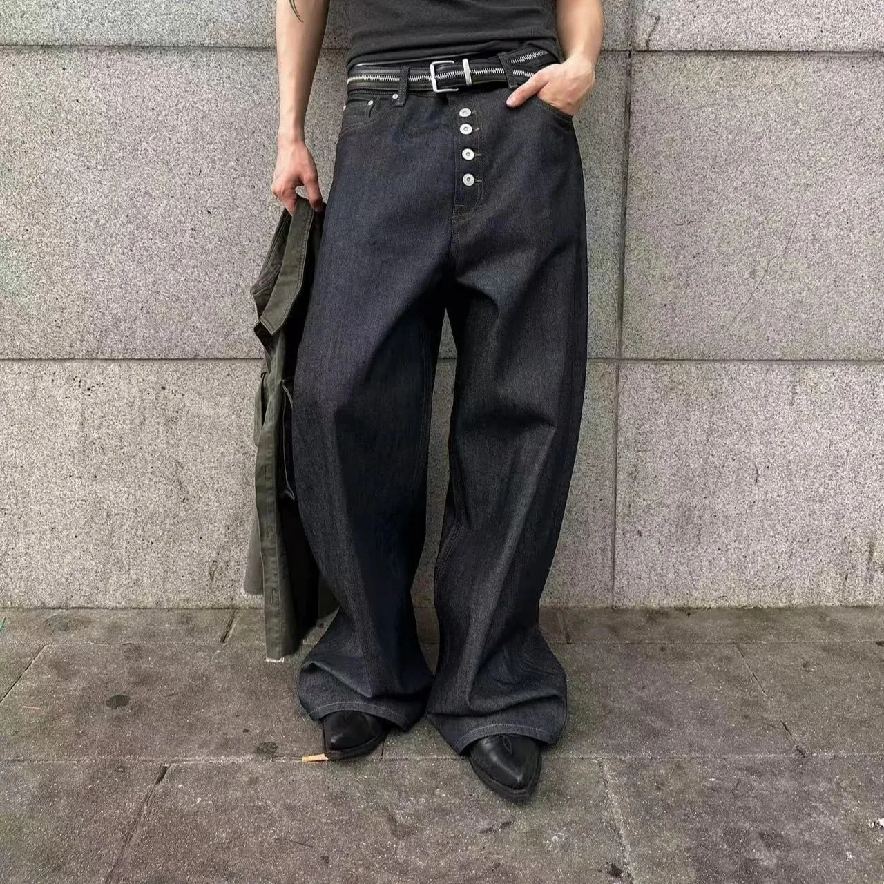 การออกแบบปุ่ม Machete DENIM Baggy กางเกงยีนส์ผู้ชาย High Street EDGE Selvedge Niched HIPHOP หลวมยาวกางเกงขากว้าง 12377 — image 2
