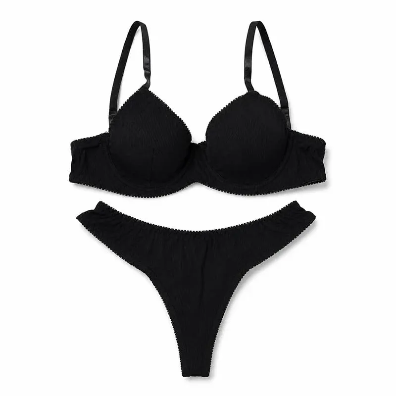 Set di biancheria intima da donna a costine tinta unita con ferretto e coppa sottile abbinato a perizoma a vita bassa morbido intimo quotidiano — image 3