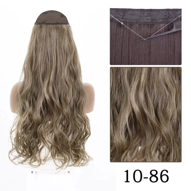Estensioni dei capelli sintetiche senza clip regolabili con linea di pesce, parrucchino naturale biondo marrone ondulato lungo resistente al calore per le donne — image 13