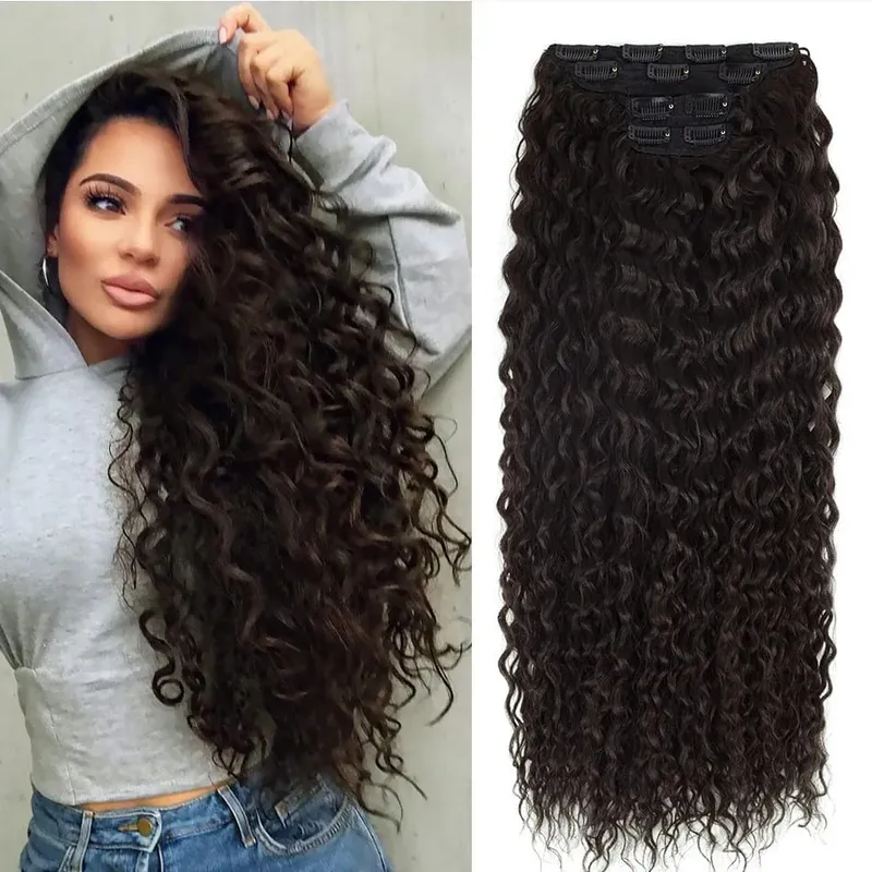 Extension synthétique à Clip pour femmes, Extension de tête complète, longue, crépue et bouclée, faux cheveux, épingle à cheveux noire et brune pour femmes — image 9