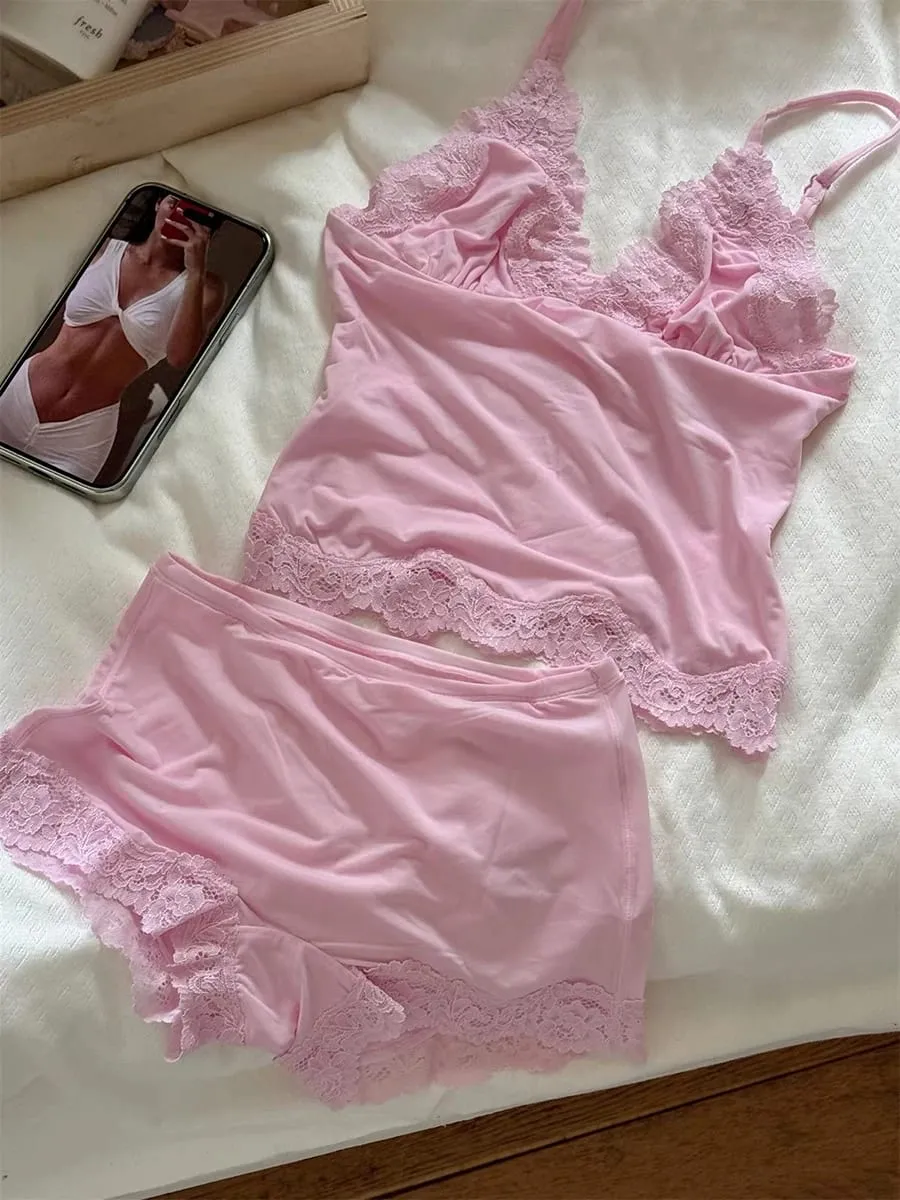 สีชมพูลูกไม้ Trim Bra ชุดผู้หญิงเซ็กซี่สามเหลี่ยมถ้วย Bras + ต่ำเอวกางเกงนักมวยนุ่มสบายชุดชั้นใน 2 ชิ้นชุด — image 2