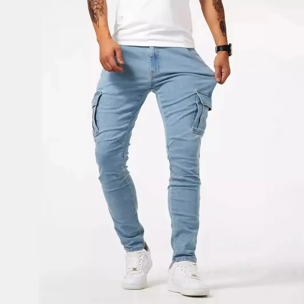 Panlalaking street stretch denim jeans wasshed solid color multi pocket work pants casual slim fit daily wear jogging pants mid wa — image 4