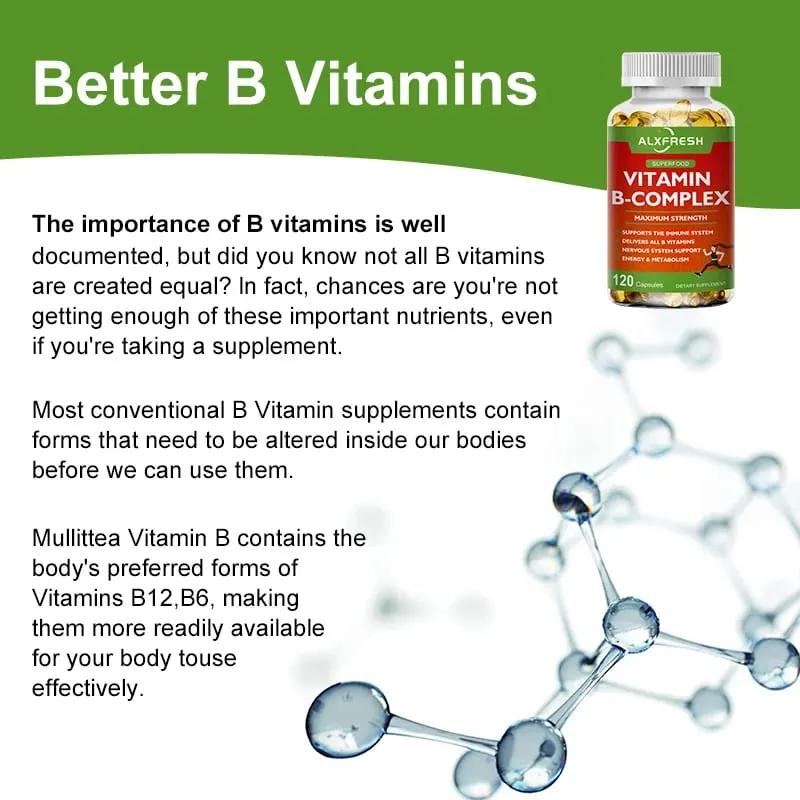 B-Complex Vitamin Supplements (B12 B1 B2 B3 B5 B6 B9 Folic Acid &Biotin) for Relieve Stress Mood Immune System Support Capsule