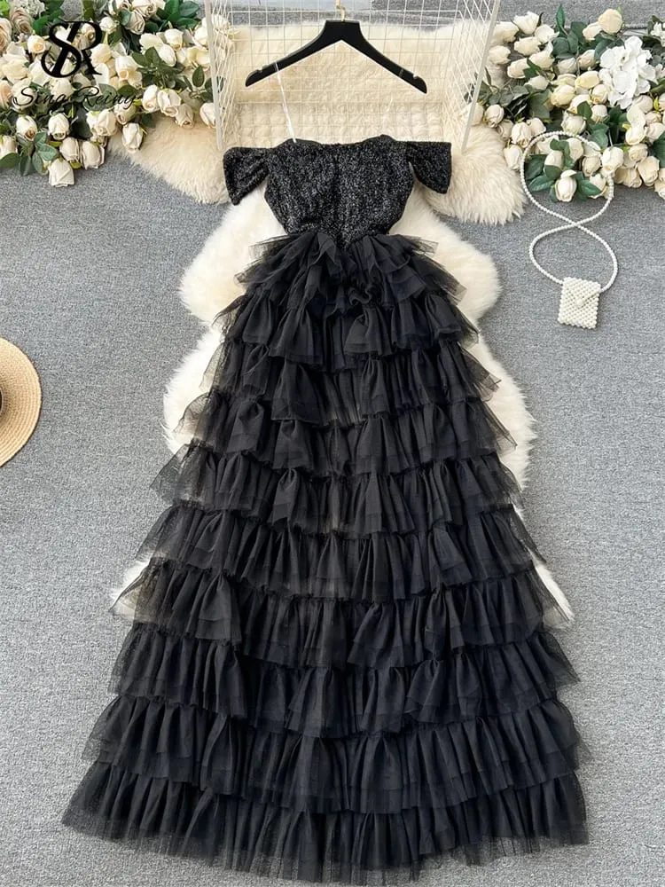 Abito da torta di alta qualità Cinturino alla moda con paillettes Pachwork Design a rete Donna Temperamento senza maniche Autunno Abito lungo lucido — image 2
