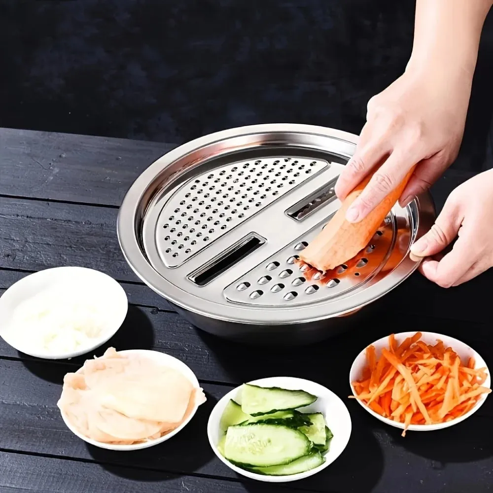 Juego de ralladores de cocina multifuncionales de acero inoxidable, cuenco de drenaje con mandolina para lavado de verduras, rebanador para patatas, 3 uds. — image 8