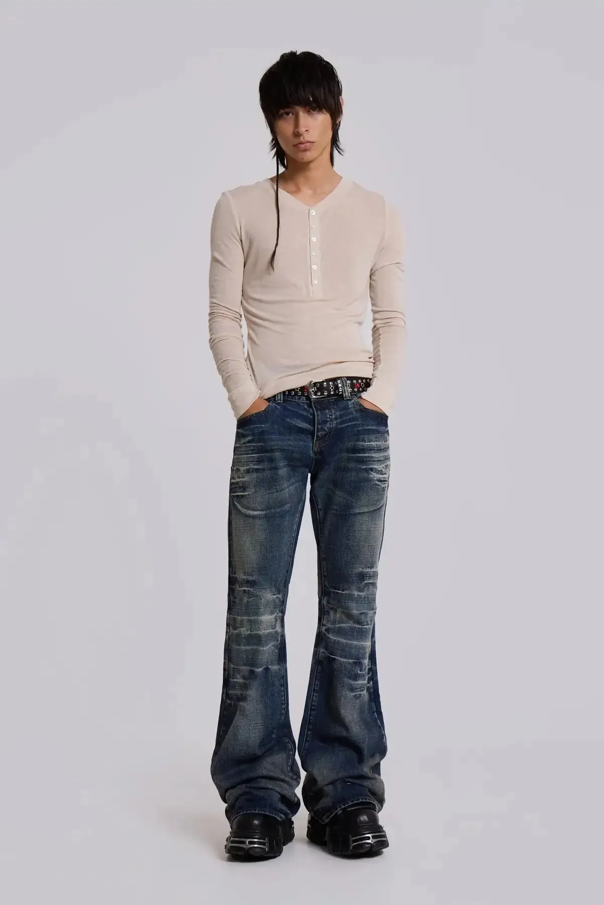 Y2K Jeans svasati blu medio lavati uomo donna jeans bootcut gotico High Street unisex streetwear pantaloni larghi a gamba larga — image 8