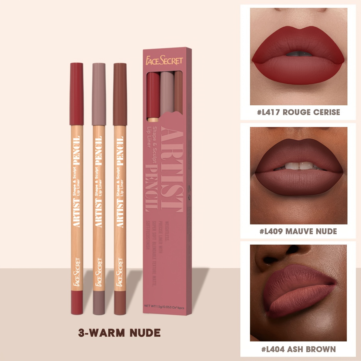Face Secret 3 ชิ้นชุด Nude Lip Liner Natural Matte ยาวนานกันน้ำสูงสี Hook Line ดินสอเขียนขอบปากแต่งหน้า — image 9