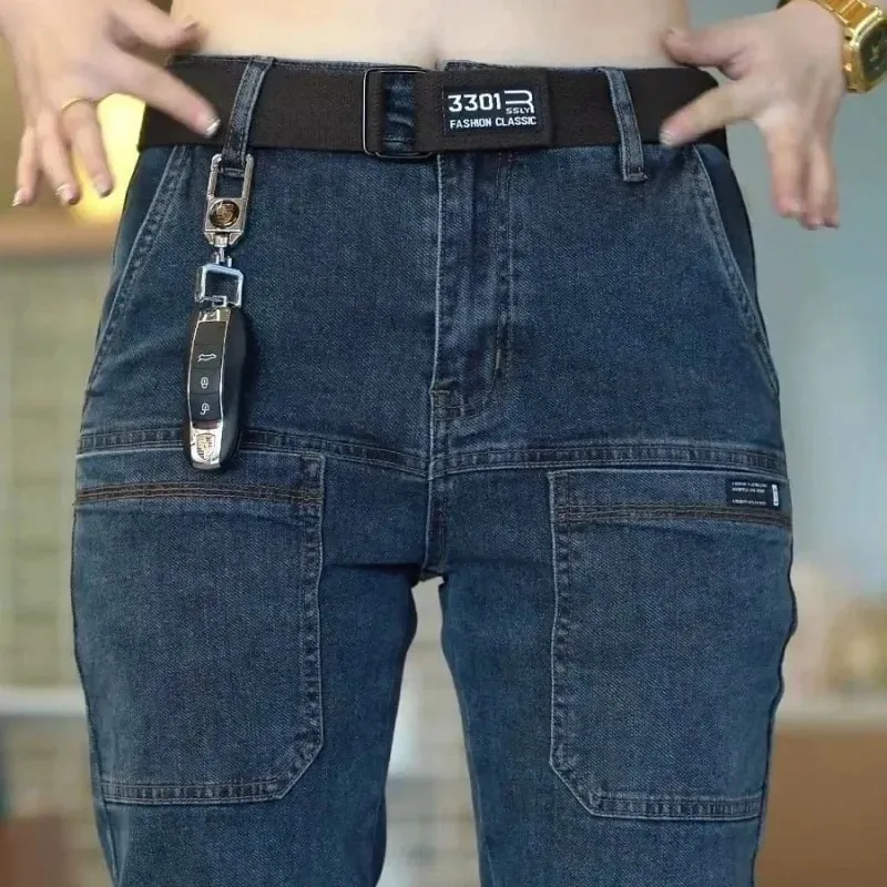 İlkbahar Yaz Ince Altı Cep erkek Kot Elastik Düz Bacak Rahat Slim Fit Kot Çok Yönlü Çok Cep Uzun Y2K Denim Pantolon — image 11