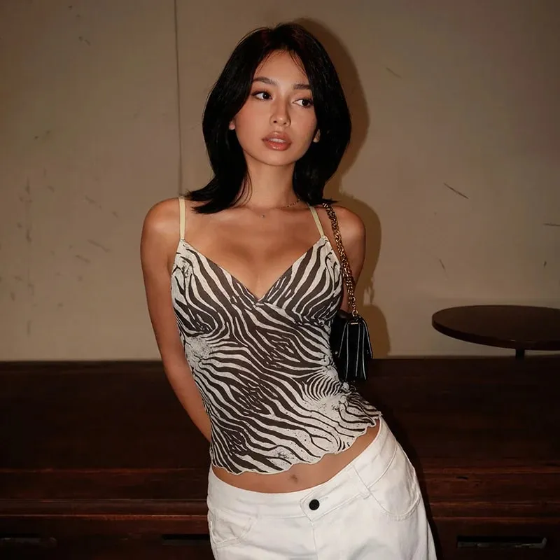 Wanita Musim Panas Jaring Zebra Cetak V Neck Mesh Tops Cami — image 3