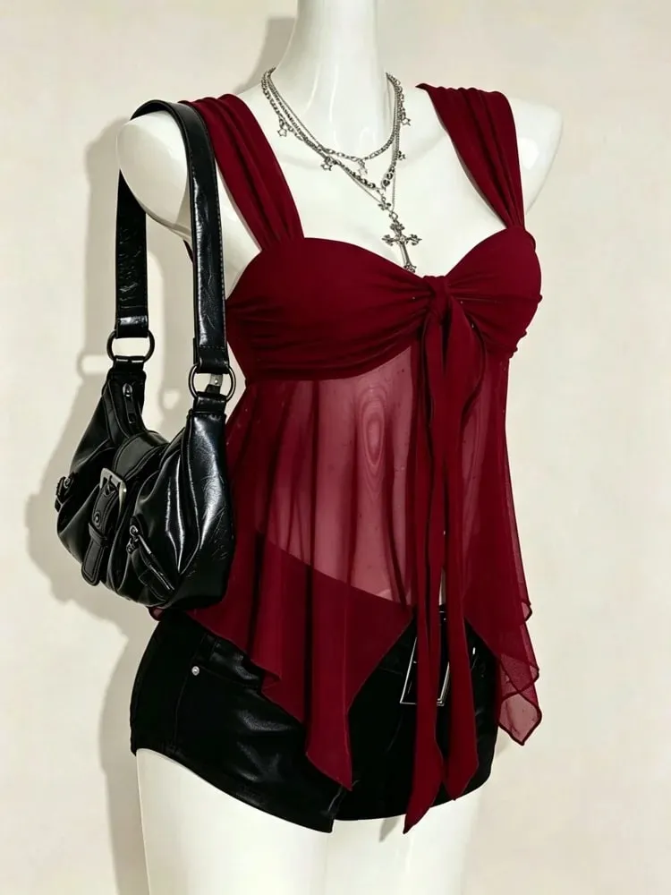 Top da donna con scollo a cuore, senza schienale, in rete, con pieghe, cinturino a pieghe, top corto a trapezio, estivo, sexy, carino, elegante, morbido e confortevole — image 7