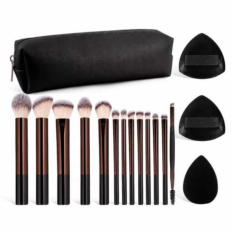 Kit per trucco professionale da 17 pezzi, incluso 13 pennelli in alluminio, borsa per il trasporto e 3 bignè in spugna, ombretto in polvere, fard e dettagli. — image 8