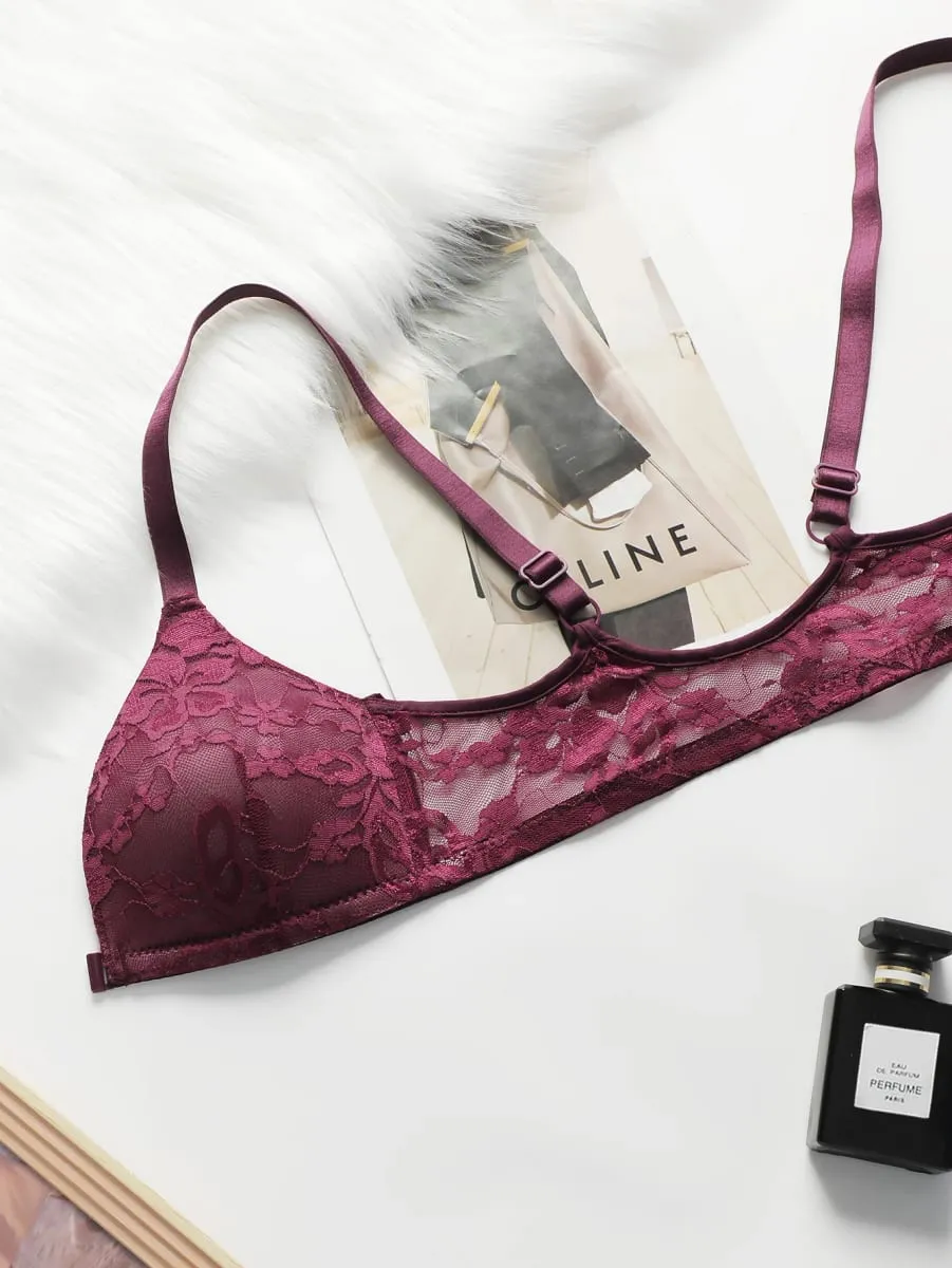 ผู้หญิง Sheer Lace Bra ชุดตะขอปิดด้านหน้าไร้สาย V คอ Brassiere Burgundy ดอกไม้ลูกไม้ชุดชั้นในกางเกงชั้นในเซ็กซี่ชุดชั้นใน — image 5