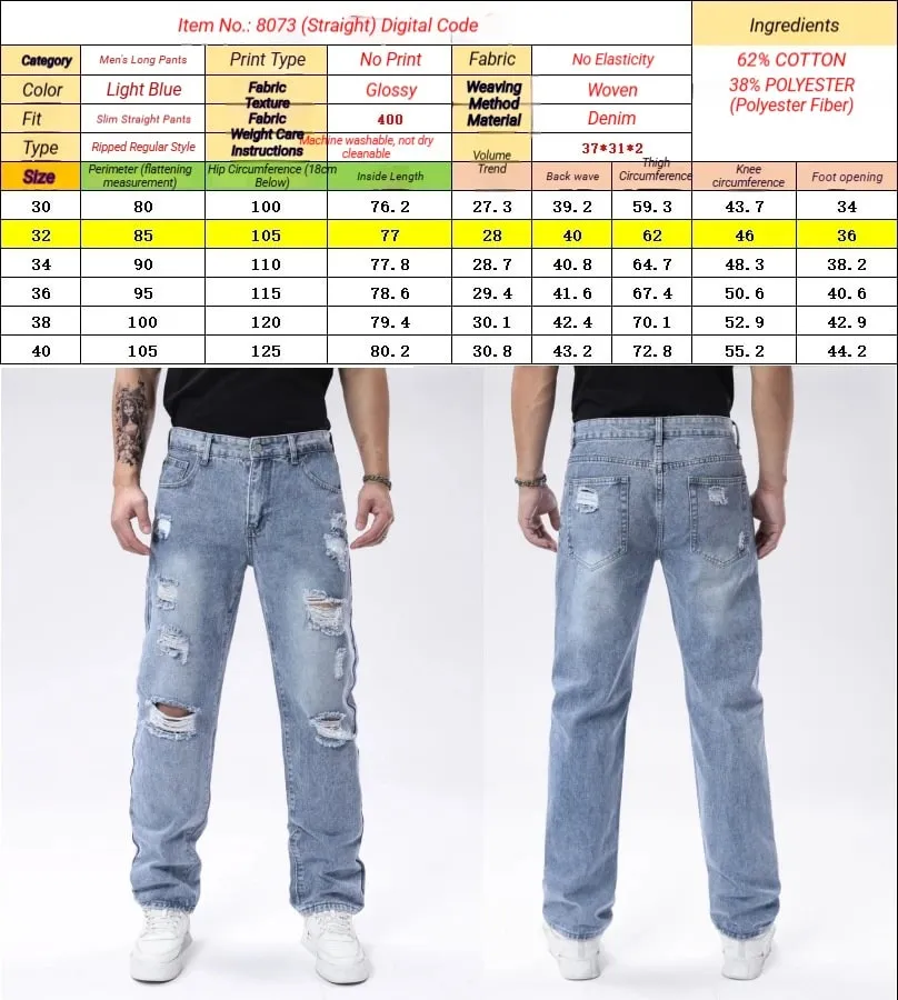 Jean en Denim effiloché déchiré bleu clair pour hommes, jambe droite Non extensible, ample, Baggy, pantalon en détresse, Vintage Y2K Hip Hop Da — image 6
