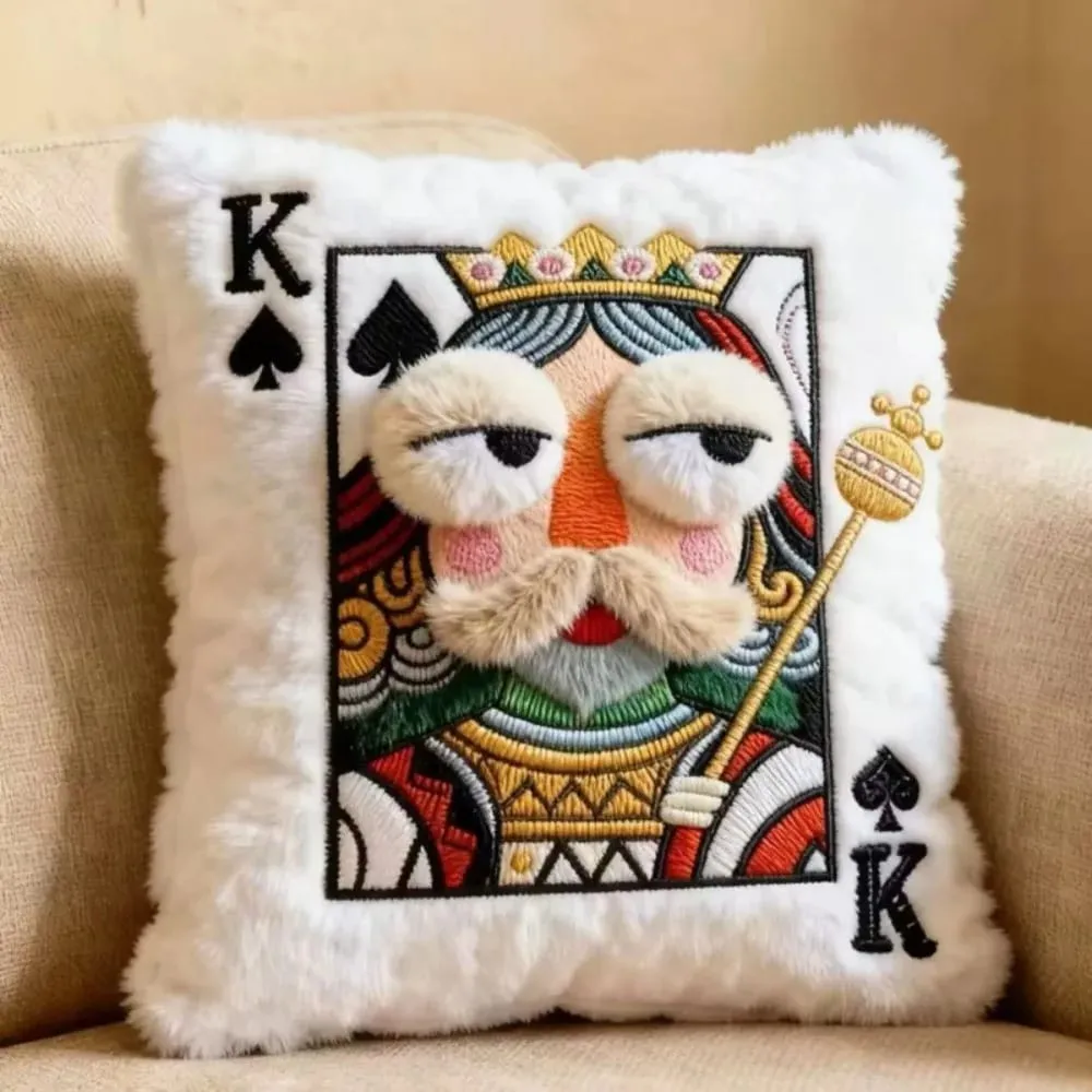 Patchwork-stil pokerkortpude 3D Store øjne Højværdidesign Broderet pude Kortspil-tema Patchworkpude Indretning til hjemmet