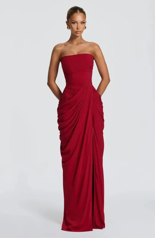 Seksi Pepejal Pleated Strapless Dress Wanita Chic Off-shoulder Backless High Waist Split Dresses Wanita 2026 Baharu Gaun Pesta Petang — image 14