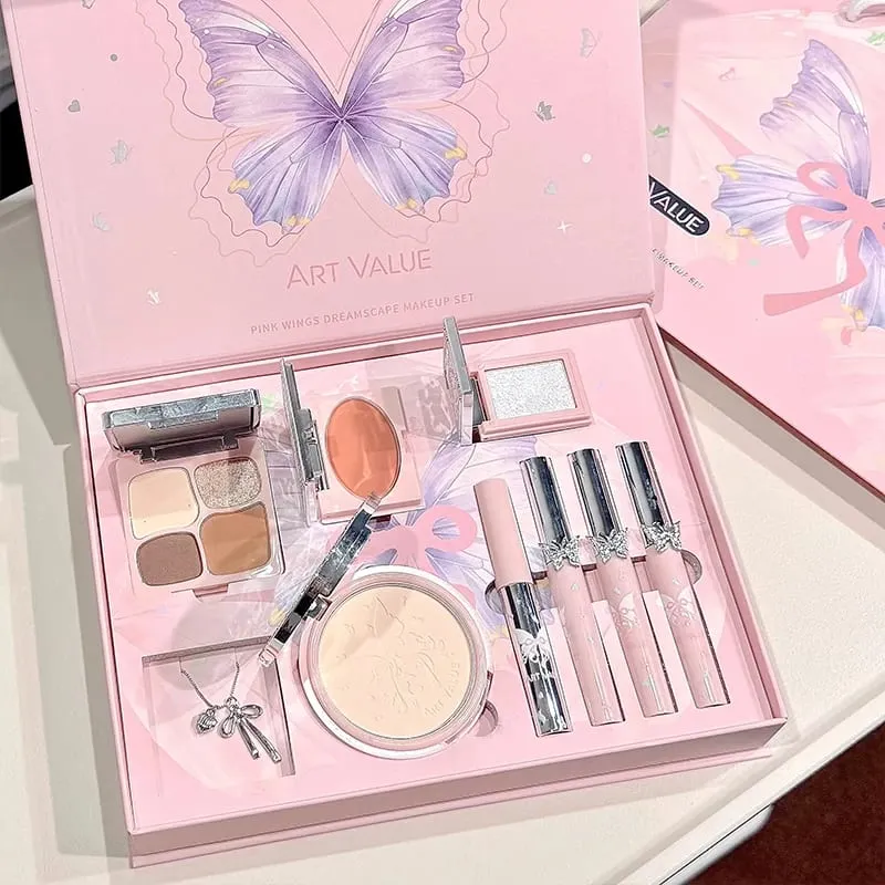 Die Make-up-Sets von ART VALUE enthalten 3 Lipgloss-Tönungen, 1 Rouge, 1 Augenbrauen-Tönung, 1 Lidschatten-Palette, 1 gepressten Puder und 1 Highlighter-Puder