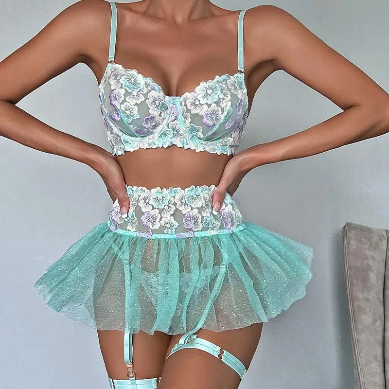 Romantic Pink Underwear Set Embroidered Flowers Perspective Lace Lingerie Intimate Female Bra and Panty 3piece Set Aestheticism