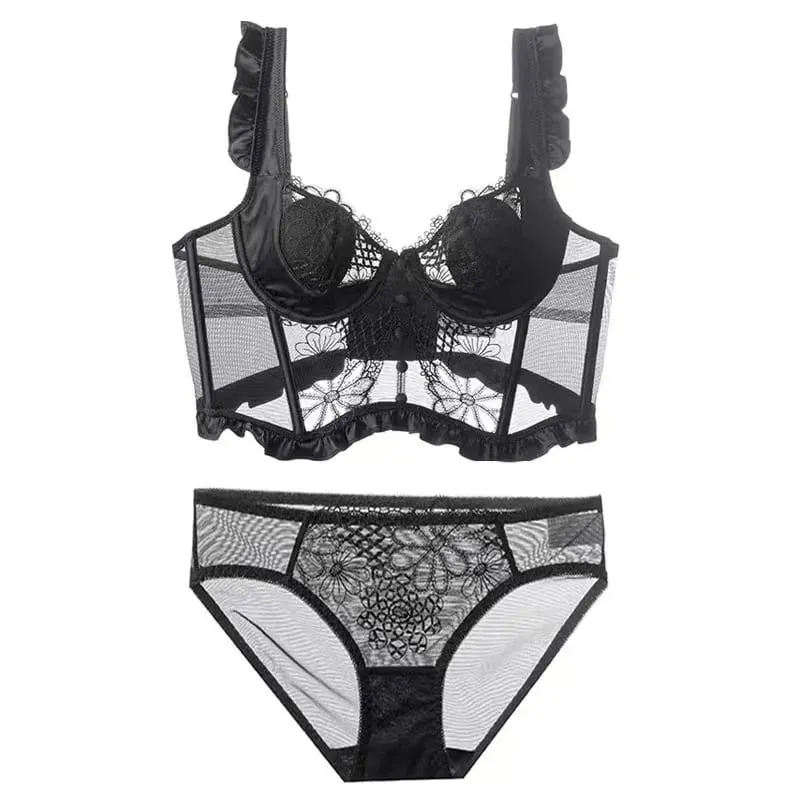 Ny flyvende skulder vest knap blonde syning bh smukt skulder undertøj sæt dame bralette viser lille bryst lingeri