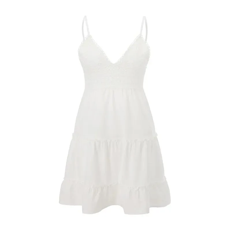 Robe d'été à bretelles Spaghetti pour femmes, style Boho, broderie, taille courte, ligne A, dos nu, à volants, à lacets — image 5