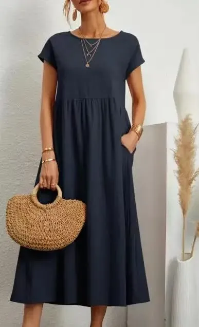 Gaun Linen Kapas Pepejal Premium yang Elegan Midi Musim Panas dengan Poket Longgar Leher Krew Kasual Lengan Pendek untuk Perjalanan Pantai — image 8