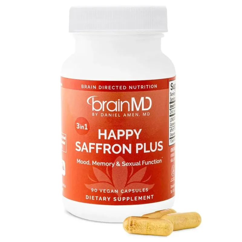 Suplemento Happy Saffron Plus para memória de humor - 90 cápsulas - com extrato de flor de açafrão, curcumina e zinco - vegano sem glúten